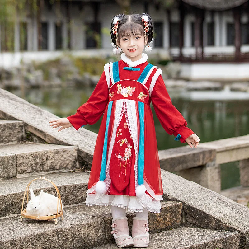 Winter Girls Embroidery Chinese Lovely Tang Suit KidsCotton-padded Clothes Children Cotton New Year Dress Ancient Hanfu