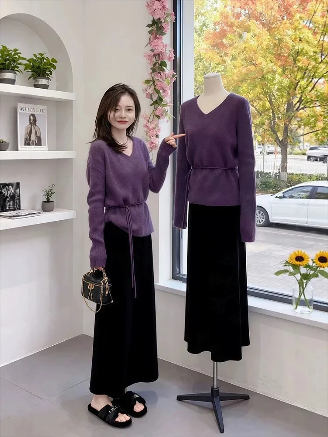 

Вязаный свитер большого размера с V-образным вырезом и длинными рукавами, женский, с поясом на талии, в корейском стиле, осенне-зимний модный топ