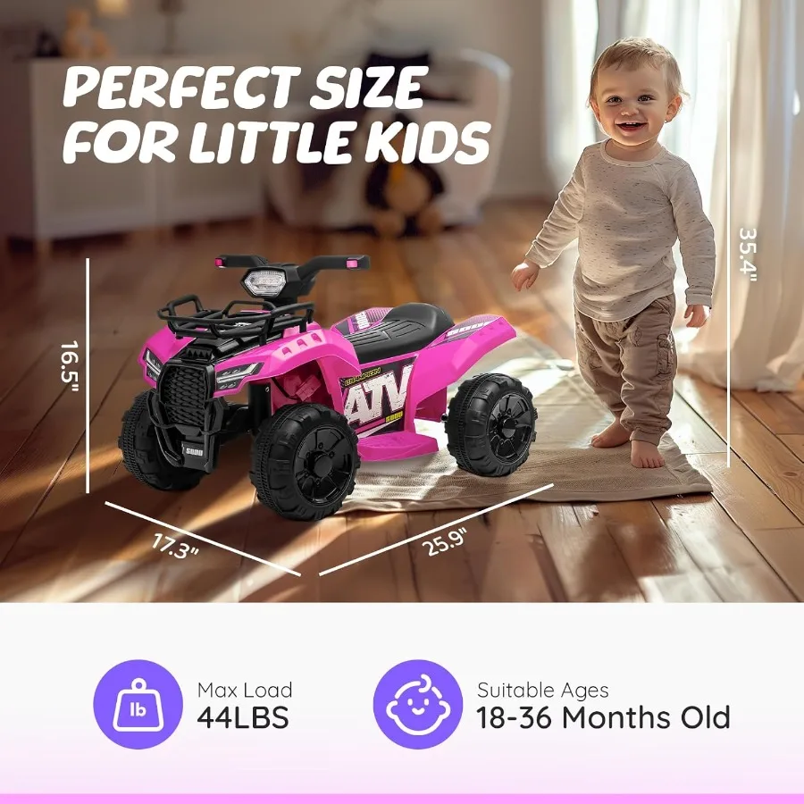 ATV dla dzieci zasilane akumulatorem 6V, quad z muzyką i światłem, prędkość maksymalna 1,9 km/h, quad dla dzieci w wieku 1,5-3 lat, Pin