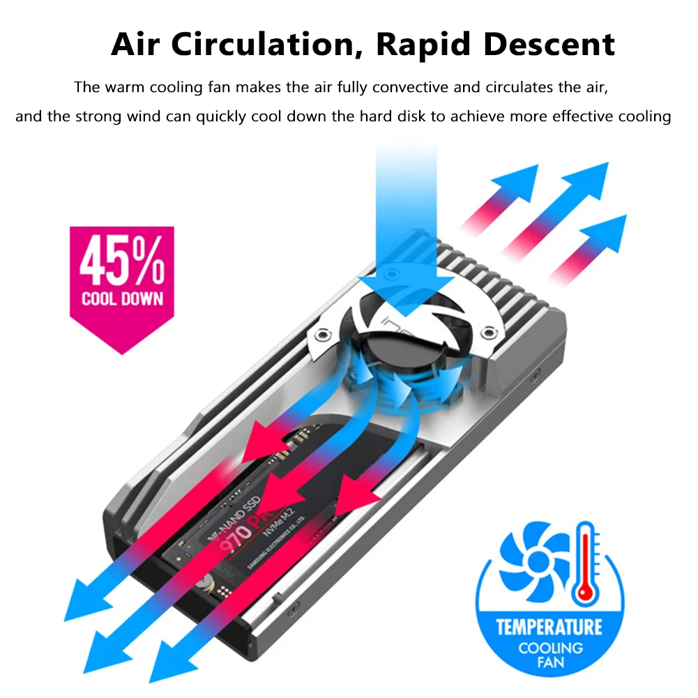 冷却ファン内蔵のm2 ssdケース,冷却ファン付き,データ転送,USB 3.1,gen2,type-c,2230, 2242, 2260, 2280, 10gbpsをサポート