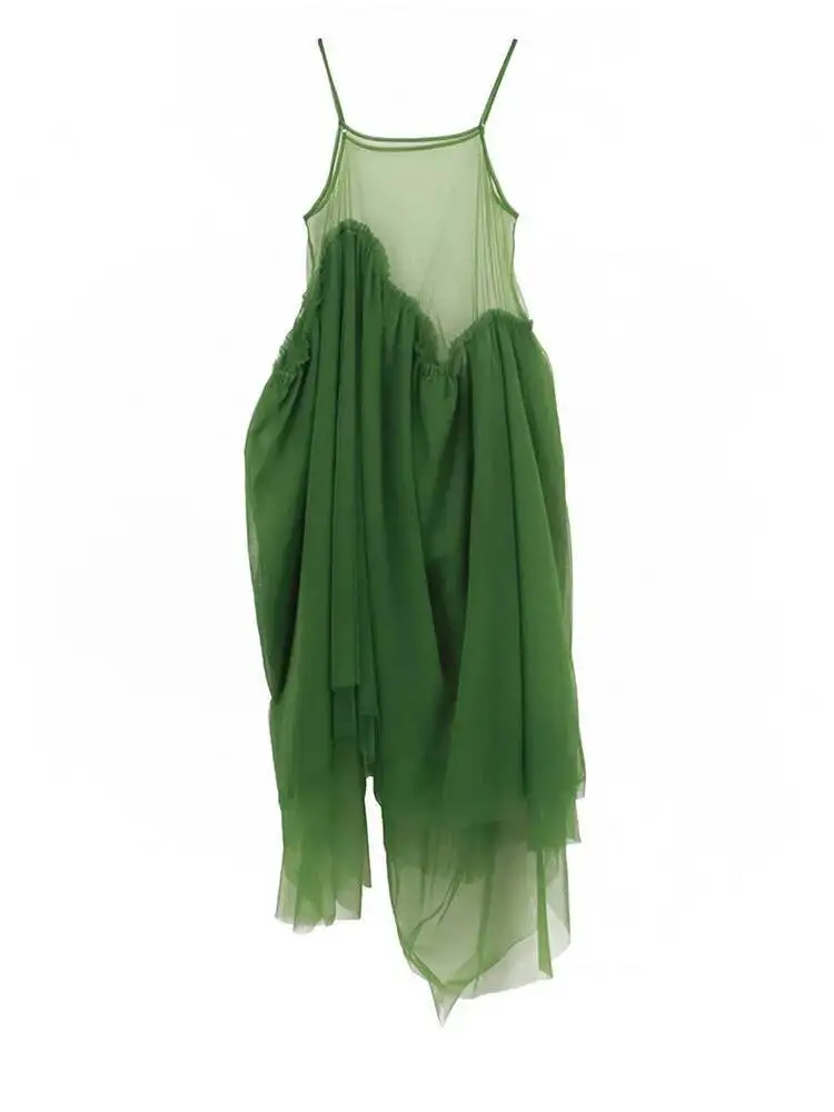 Grünes Mesh-Layer-Kleid für Damen, elegantes Spaghetti-Trägerkleid, neuer quadratischer Ausschnitt, ärmellos, modisch, Frühling Herbst 2026 X6S5