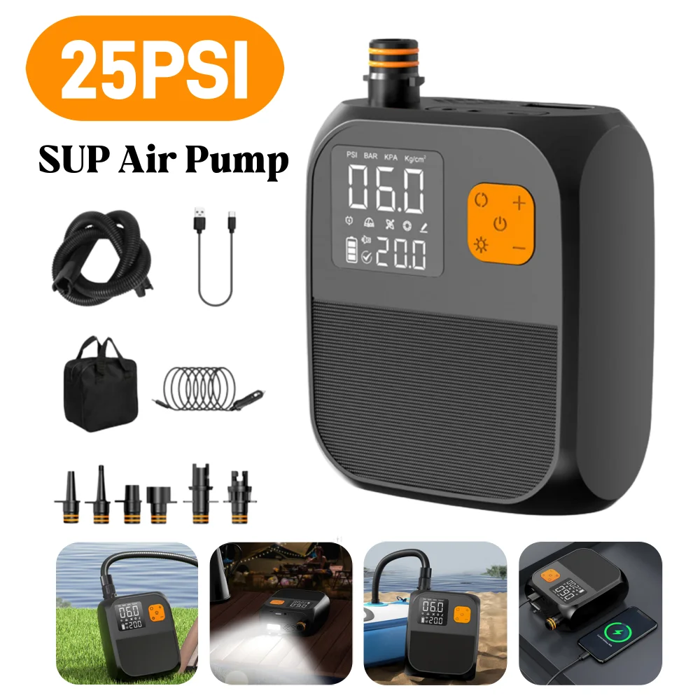 25PSI Electric SUP Inflation Pump 8000mAh Battery Rechargeable for Sup Board Surfing Kite Inflatable Tent Boat Air Mattress