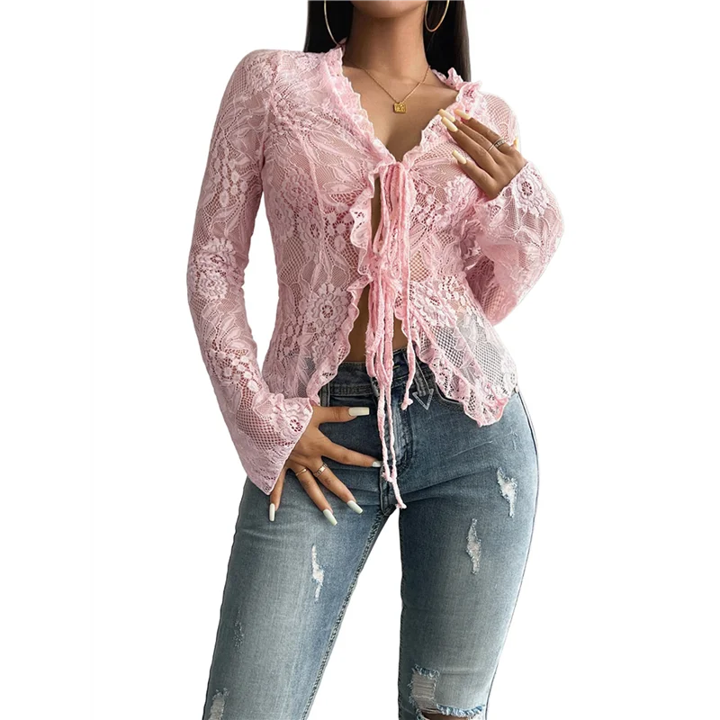 AOAO-haut transparent en dentelle pour femmes, col en V, maille transparente, chemises ouvertes sur le devant, chemisiers à manches longues, hauts de sortie Y2k