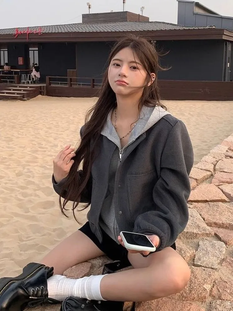 

American Street Vintage Hoodie Baseball 2024 Autumn New Gray Coat Women Y2k E-girl Long Sleeve Zipper Tops Mujer