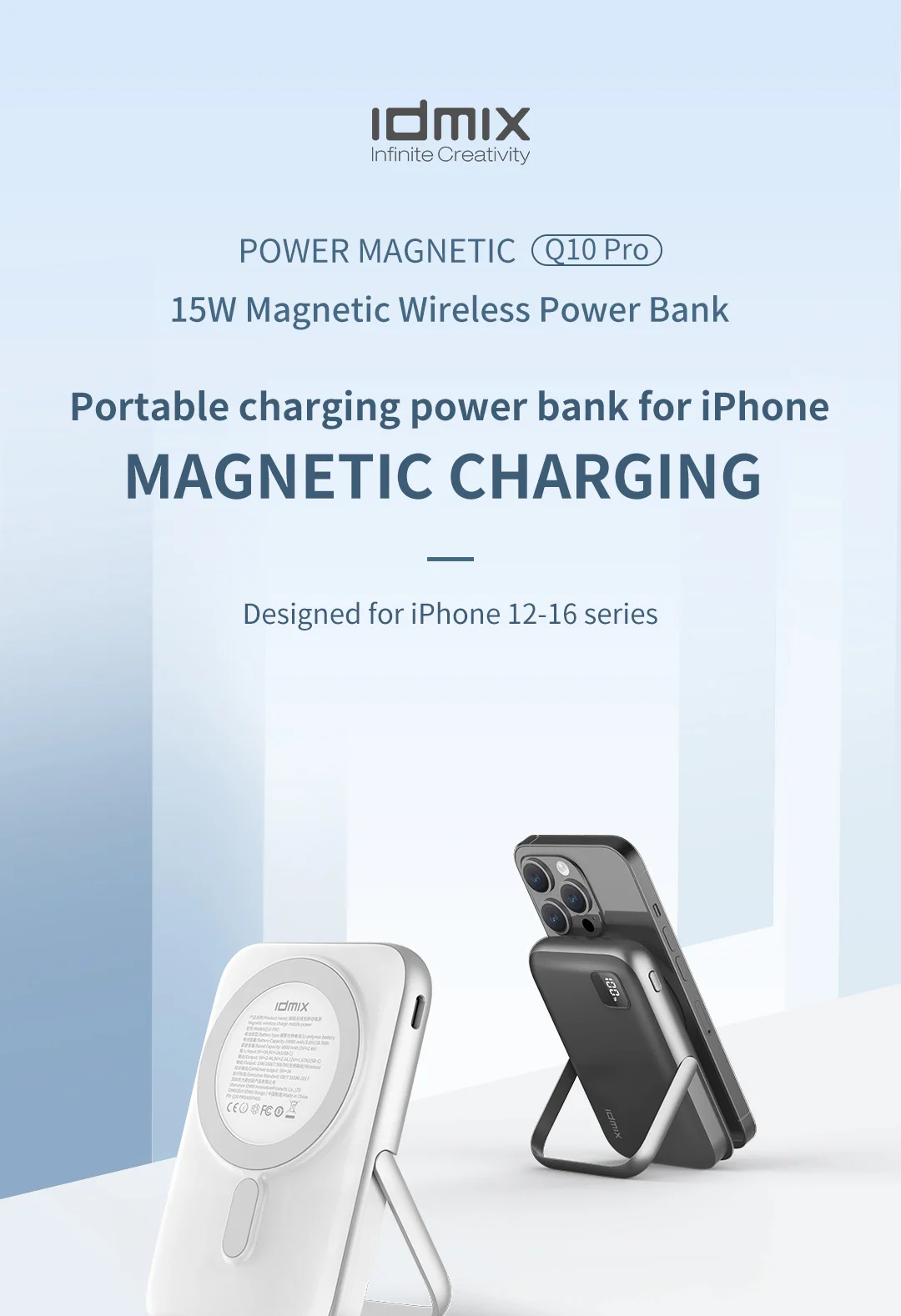 IDMIX Power Bank 10000mAh Magnetic Wireless Charging Portable PowerBank with Stand for iPhone 12 13 14 15 and Android Phone