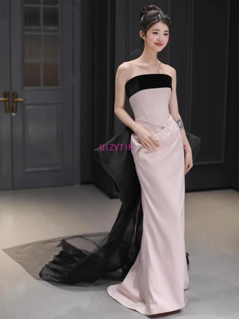 فساتين سهرة مثيرة بدون حمالات باللون الوردي للنساء بدون أكتاف بدون ظهر مع فيونكة لحفلات أعياد الميلاد فستان زفاف طويل حورية البحر بسيط