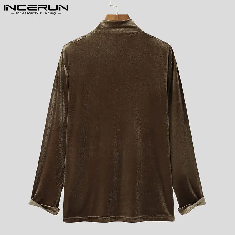 INCERUN 2024 Men T Shirt Velour Turtleneck Long Sleeve Leisure Undershirt Solid Color Streetwear Fashion Casual Tee Tops S-5XL