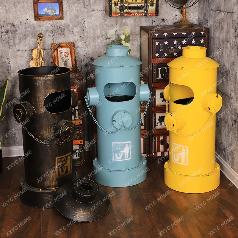 Industrial Wind Fire Hydrant Trash Can With Cover Vintage Iron Storage Bucket Creative Oil Bucket Floor Decoration Trash Can