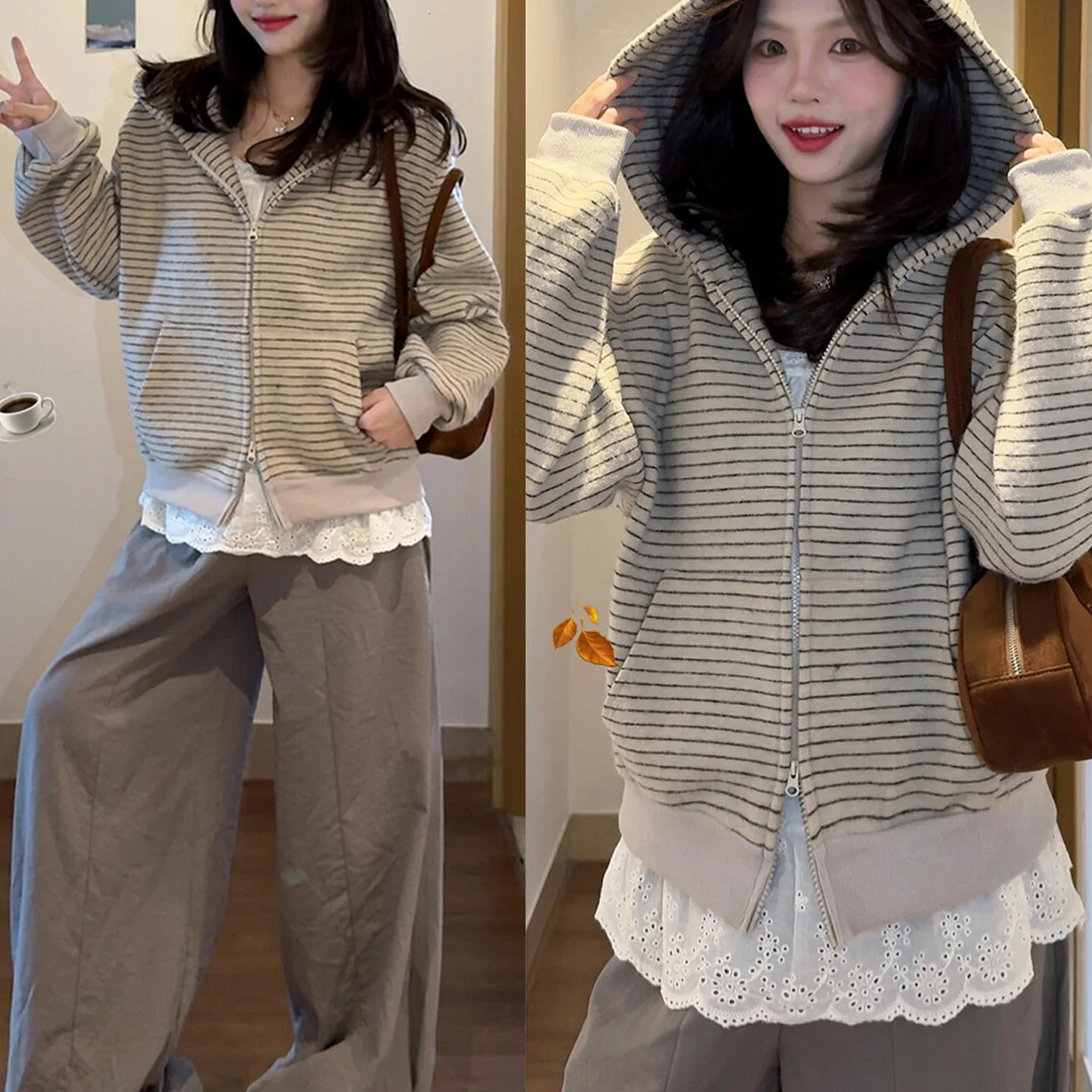 

Hooded Sweater Jacket Women's Spring and Autumn 2025 New Zipper Striped Cardigan Top Early Autumn Wear