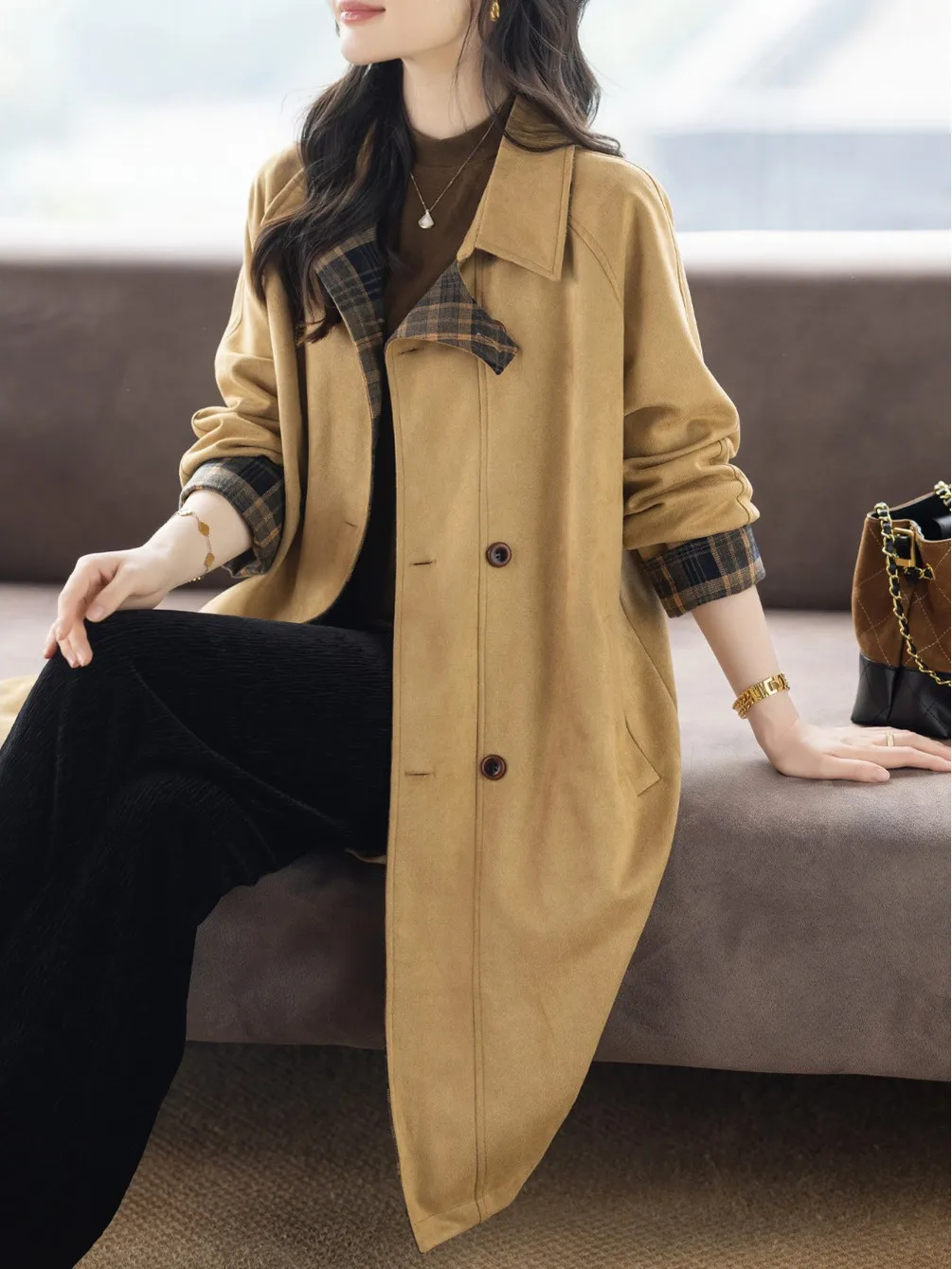 

Корейское винтажное женское пальто в клетку, осень 2021, пальто миди Briti Sle Ele, длинный воротник све, одинарный B...