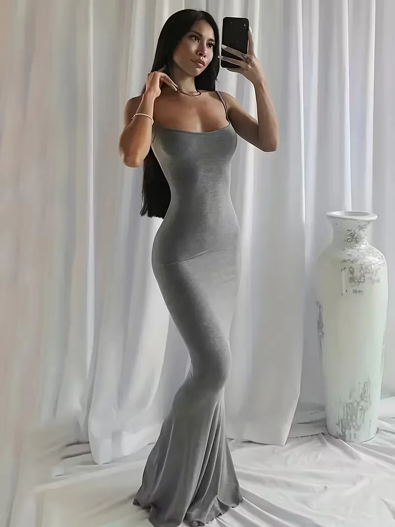 Elegant Solid Slip Lounge Dresses - Scoop Neck Bodycon Maxi Mermaid Dress - Soft, Comfortable Fabric - For Women - Perfect for C