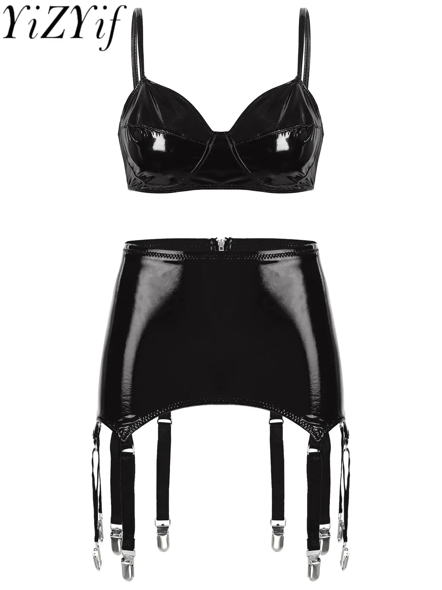 

Womens Wet Look Patent Leather Lingerie Set Wire-free No Pad Bra Top with Miniskirt Garter Clips Skirt Sexy Clubwear for Raves