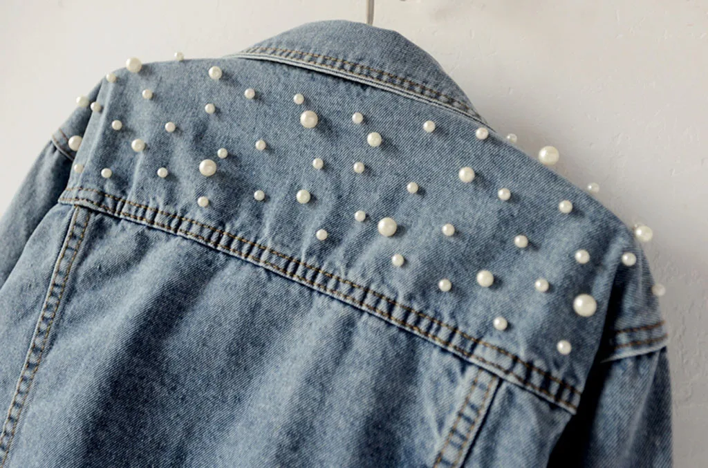 Plus Size Beaded Denim Jacket Women Spring Autumn New Outerwear Lapel Blue Jeans Jacket Woman Y2k Pearls Long Sleeves Overalls