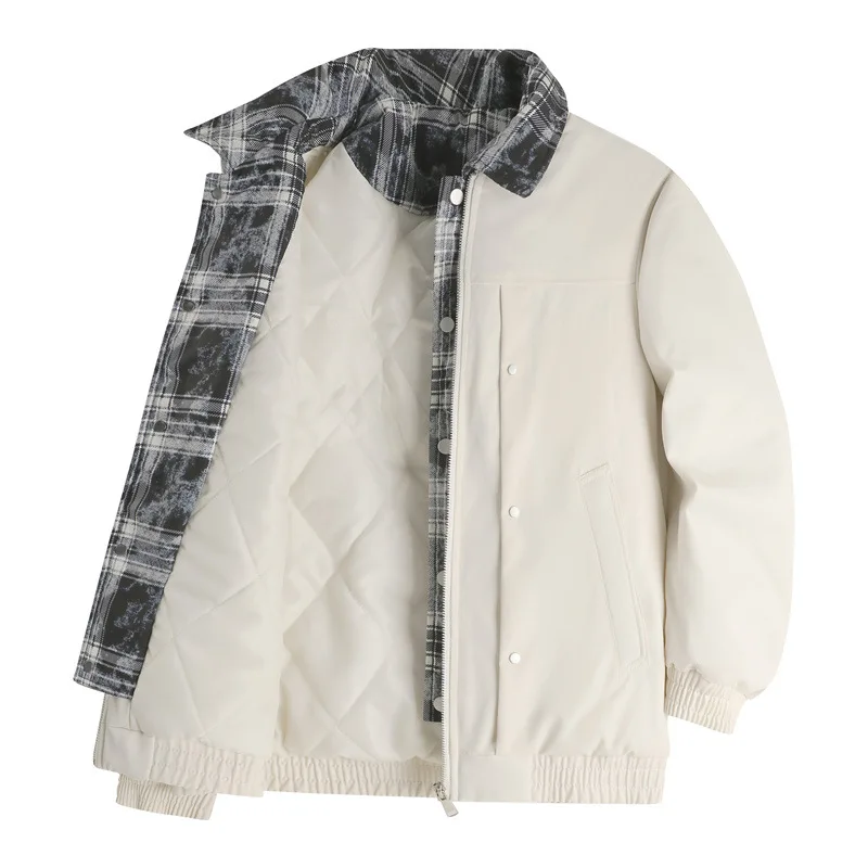 

Winter Men Jacket New Plaid Patchwork Turn Down Collar Male Coat Thicken Warm Long Sleeve Loose Man Fake Two-piece Outerwear