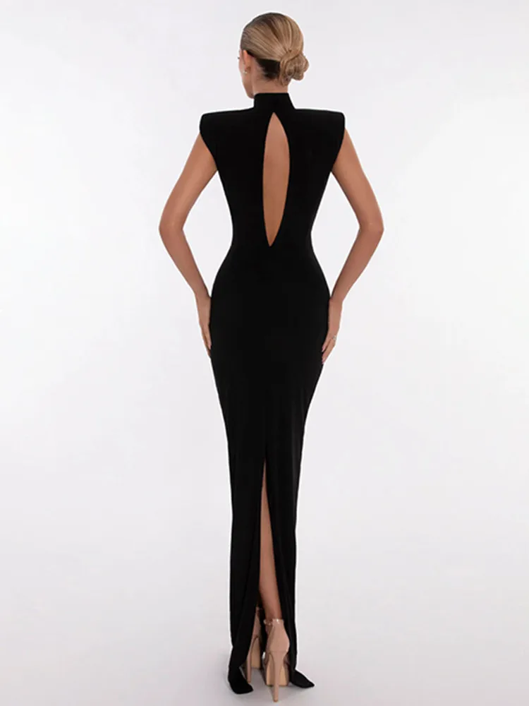 Luksusowe kobiety Celebrity Sexy Tank Black Beading Maxi Long Split Bodycon Bandage Dress 2024 Elegancka wieczorowa sukienka klubowa