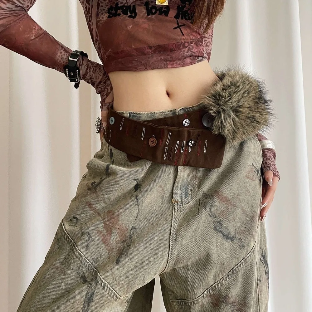 Gothic Punk Retro Leather Belt Y2K Hand-Sewn Waist Cincher Hook Closure Wide Belt Women Fashion Waistband Decor
