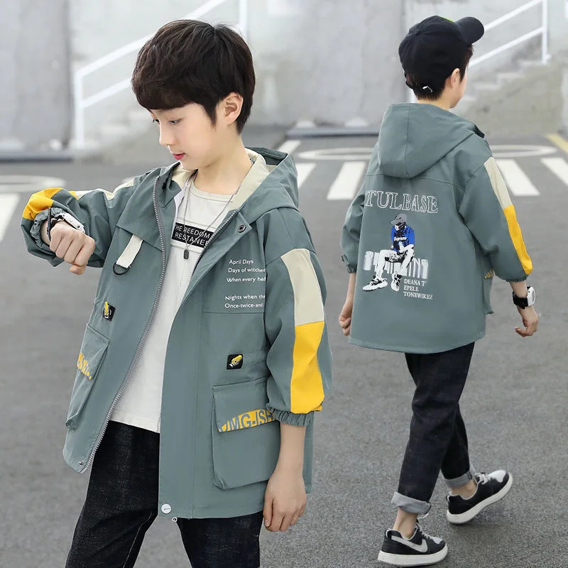 

Autumn Jacket For Boys Spring Children's Coat Fashion Hooded Letters Print Patchwork Outerwear Teenager Clothes 2023 New 120-170