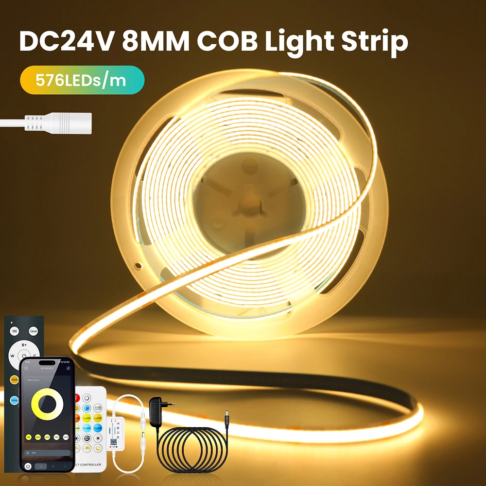 Dimmable CCT 576LEDs/m COB LED Strip Light Bluetooth Control 24V 2700K 4000K 5000K 6000K Power Kit for Home RA90 Linear Lighting