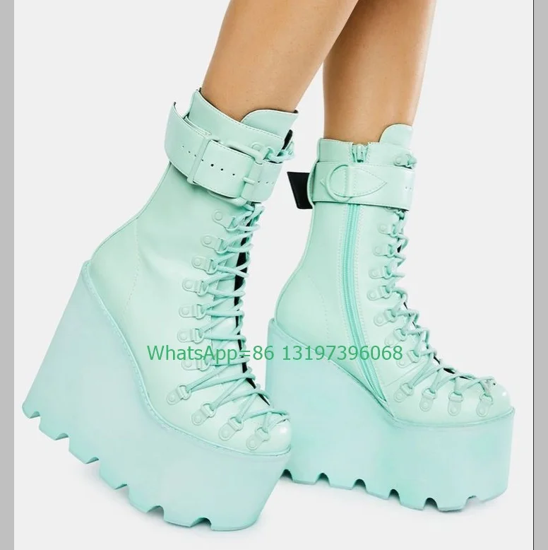 Lady Ice Blue Platform Mary Janes Buckle Strap Boots Side Zip Footwear Y2K Wedges Heel Pu Runway New Arrive Punk Boots Size 46