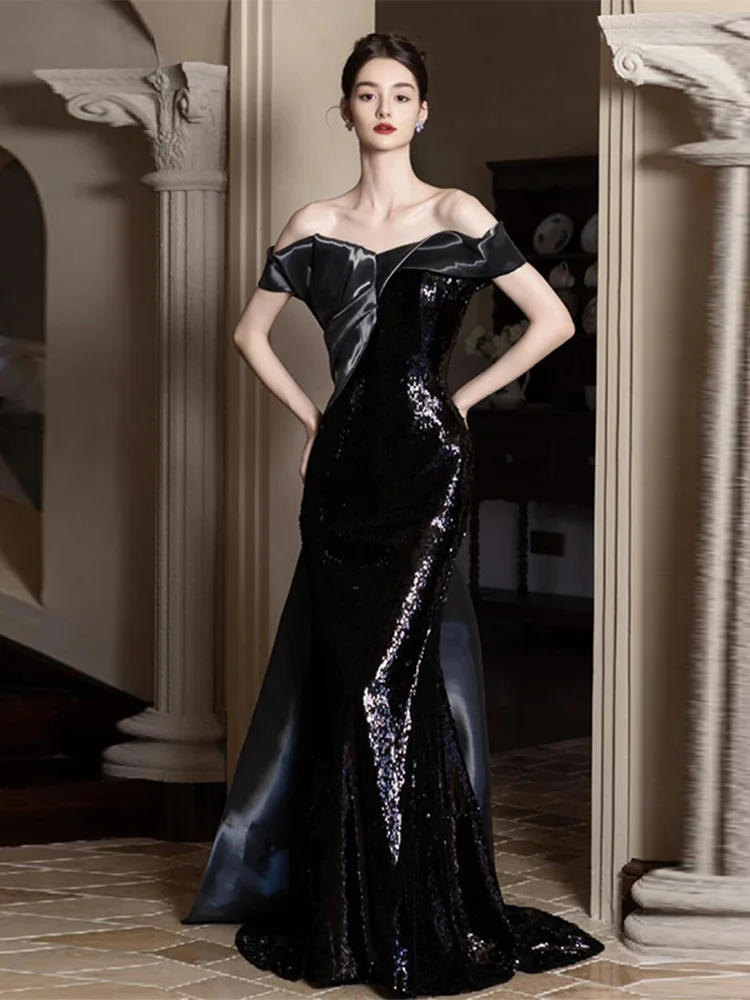 

Длинное черное вечернее платье с пайетками на одно плечо для новогодней вечеринки, с пайетками, фасон «рыбий хвост»