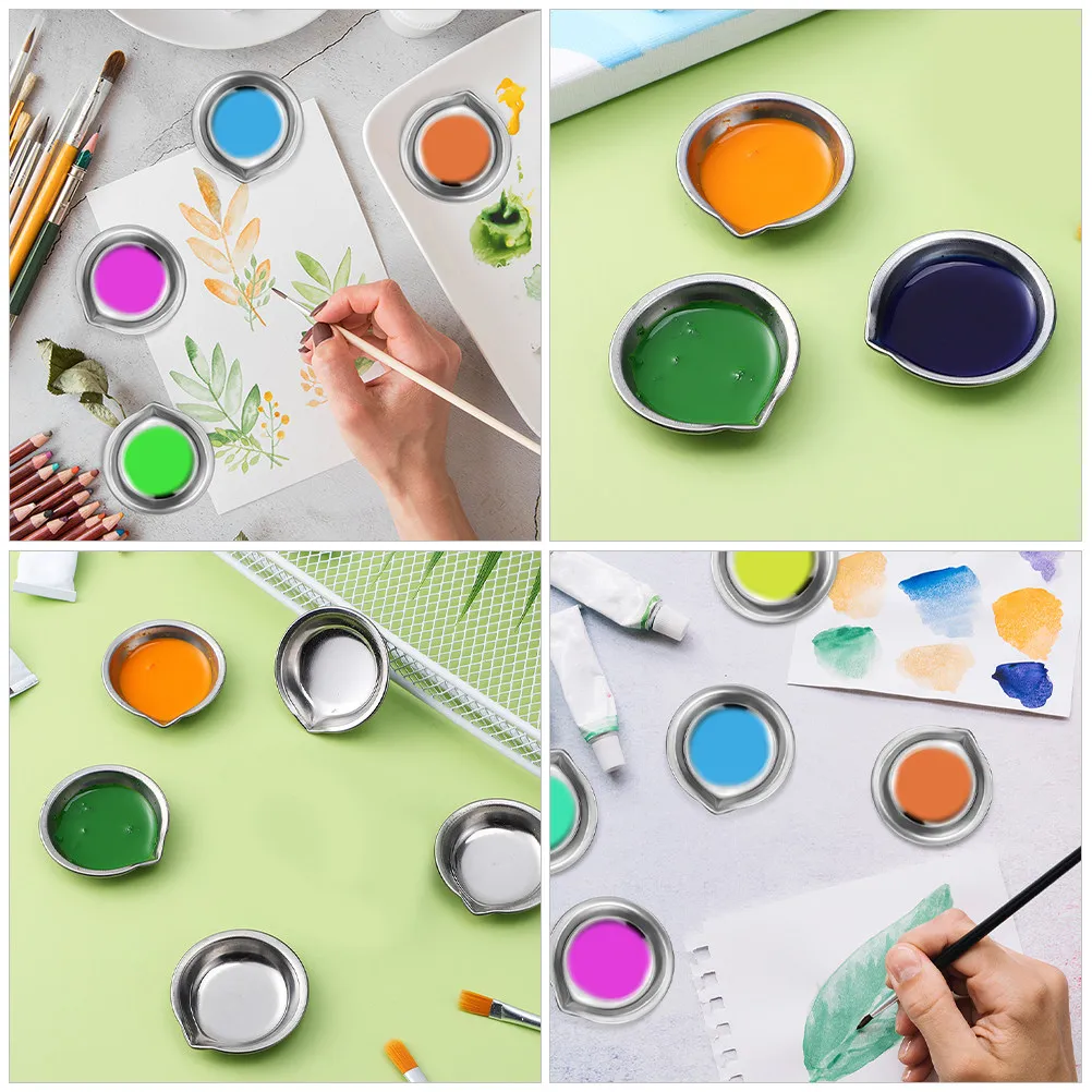 6Pcs Stainless Steel Artist Palette Round Paint Mixing Tray with Spout for Watercolor Enamel Acrylic Airbrush DIY Craft Portable