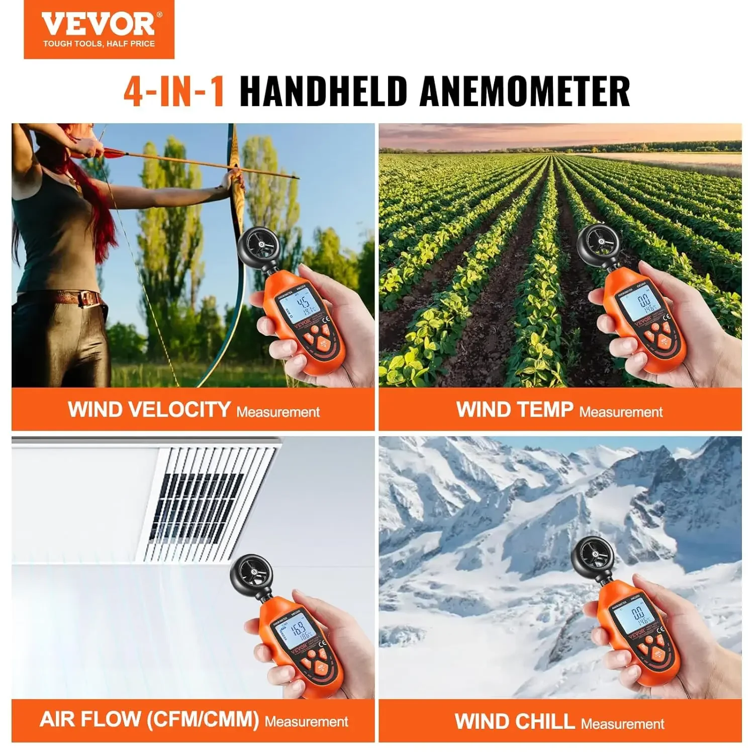 Handheld Anemometer, 14℉-113℉, Digital Speed Meter Gauge, Measures Velocity  Temperature Air Flow Chill