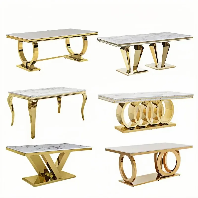 

Light luxury marble dining table for home use, rectangular stainless steel living room 8 people long table