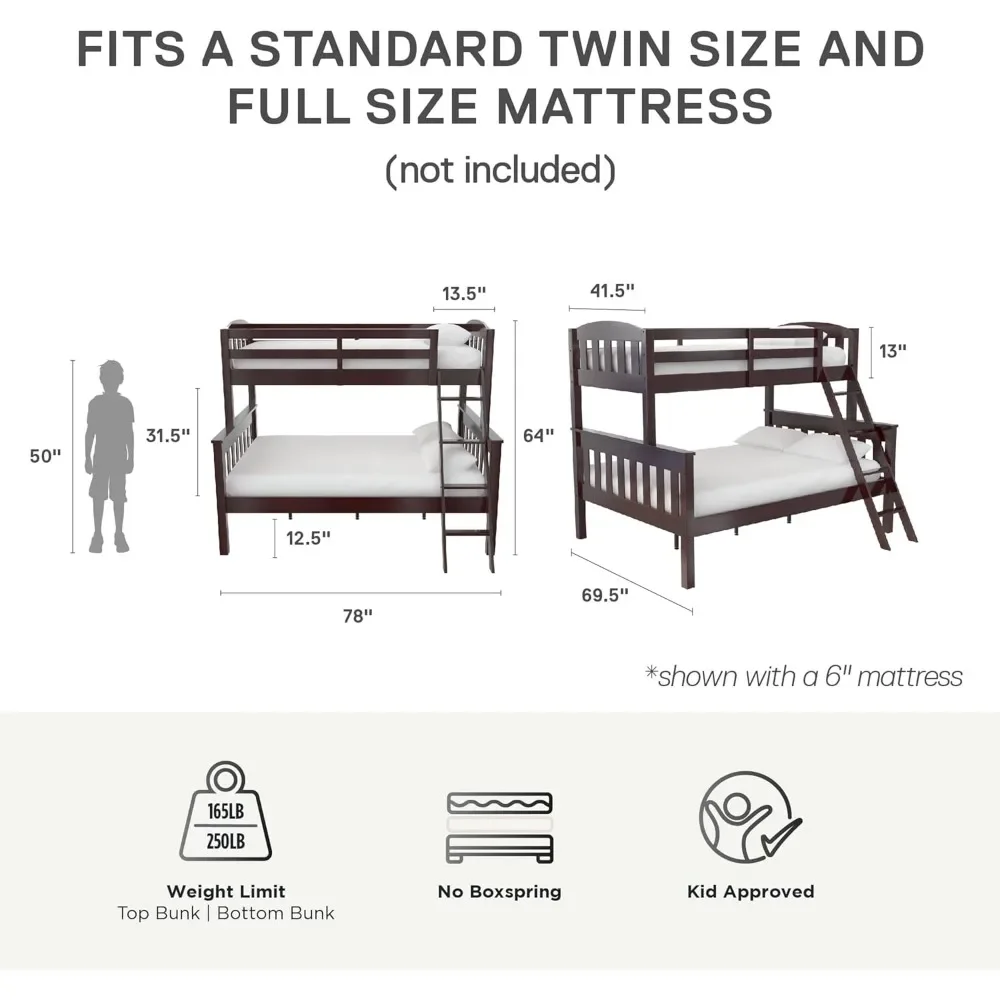 Convertible Wood Bunk Bed, Stackable and Detachable Bed Frames for Kids and Teens, with High Guardrail, Twin-Over-Full