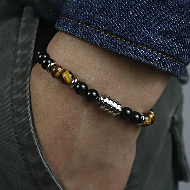 6mm Trendy Vintage Stainless Steel OT Clasp Tiger Eye Bracelet for Men Hip Hot Strand Stone Beaded Bracelet Men Jewelry LYC-01