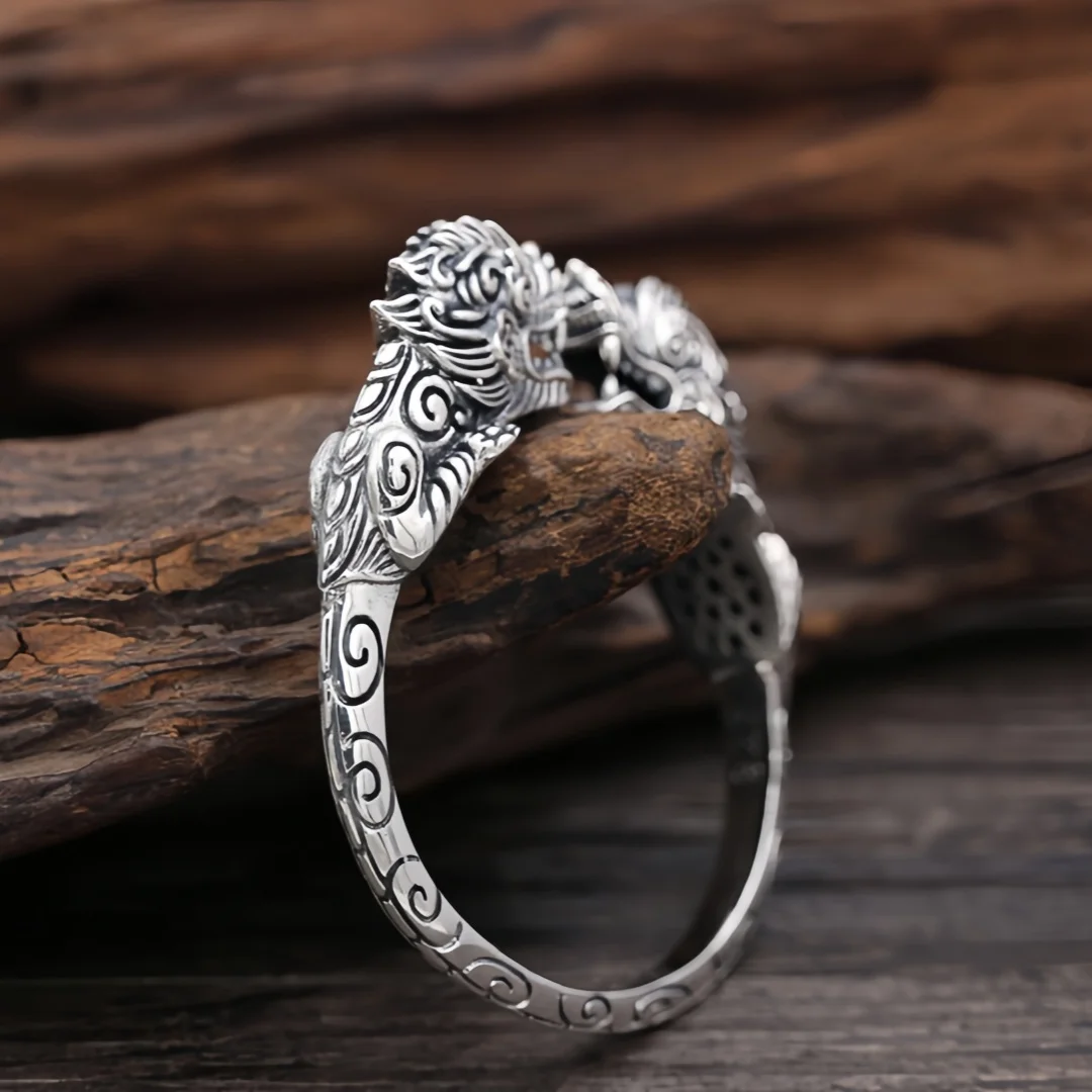 New S925 Sterling Silver Charms Bangle for Men Women Antique Double Loong Head Bracelets Punk Fashion Fine Choice Jewelry