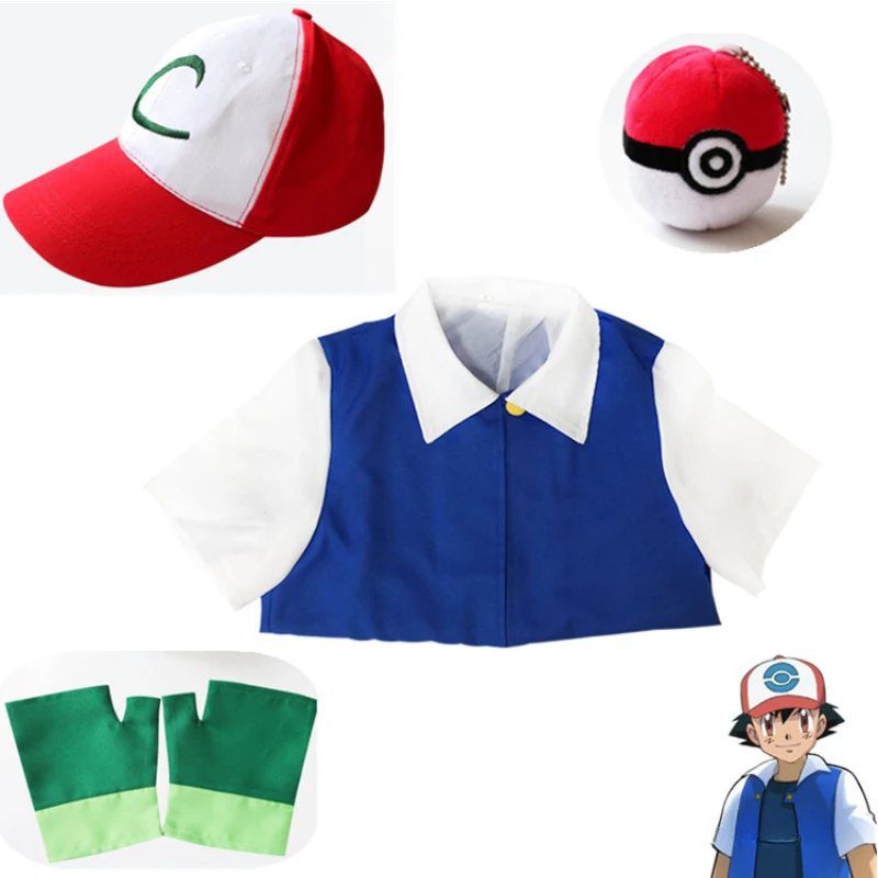 Erwachsenen-Cartoon-Anime Ash Ketchum Cosplay-Kostüm-Set mit Hut, Hemd, Handschuhen, Blauer Jacke, Herren-Anime-Trainer-Cosplay-Kostüme