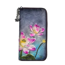 Portafogli lunghi Vintage per donna borse per telefono in vera pelle borsa da donna con goffratura a motivo floreale di loto