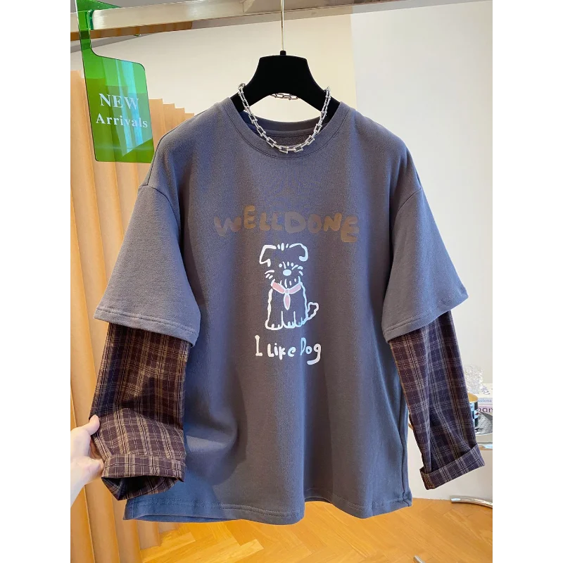 카툰 프린트 페이크 투피스 체크 긴팔 티셔츠 여성용 루즈핏 이너 셔츠 가을