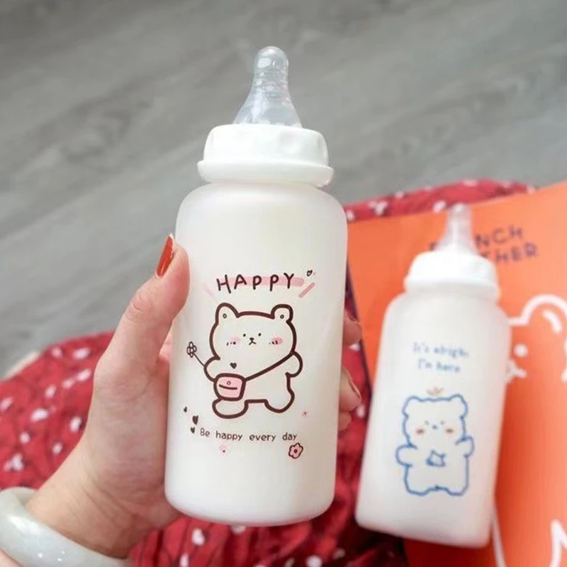 400ml Kawaii Plastic Strawberry Bear Water Bottle For Kids Adult Milk Juice Straw Cup Frosted Leakproof Drinking Bottles