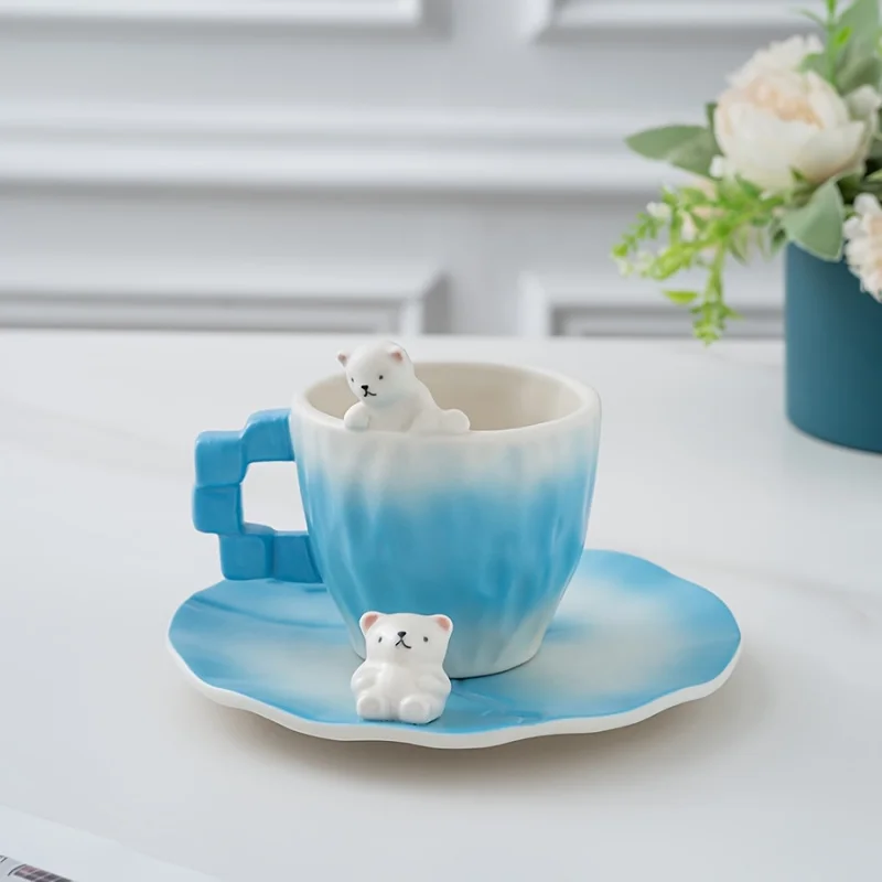 1 Pcs New 3D Polar Bear Ceramic Coffee Glass And Saucer Set With Ice Cube Handle Cute Christmas Gifts For Children Dropshipping view 4