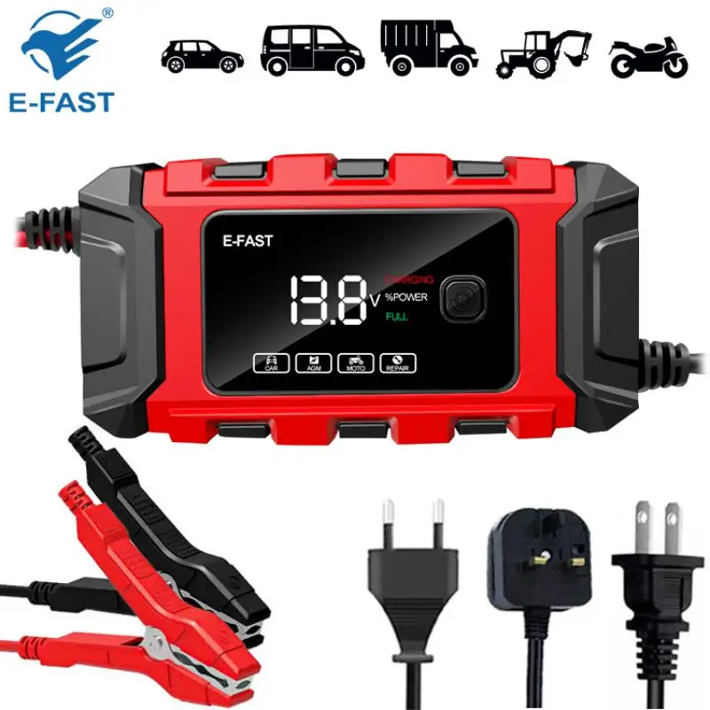 

E-FAST Car 12V Intelligent Car Motorcycle Battery Charger Lead Acid Battery Pulse Charger Maintainer Smart Digital LCD Display