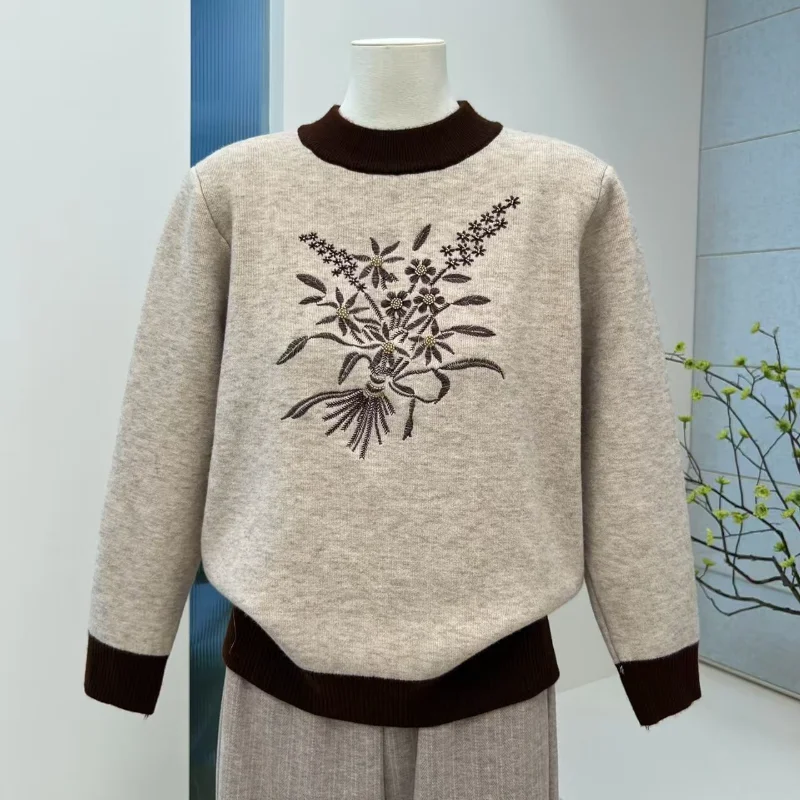 Women Fleece Lined Sweater Mock Neck Floral Embroidery Warm Knit Top For Middle Aged Elderly Ladies Winter