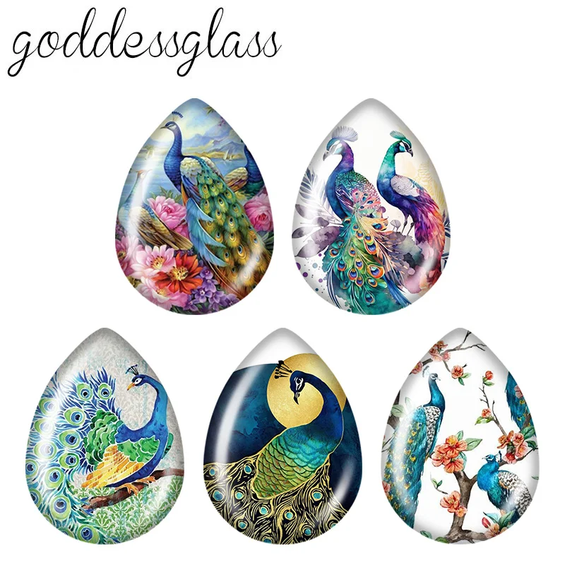 5 Pairs Beauty Peacock Bird Animal 13x18mm/18x25mm Tear Drop Photo Glass Cabochon Flat Back for DIY Earrings Jewelry