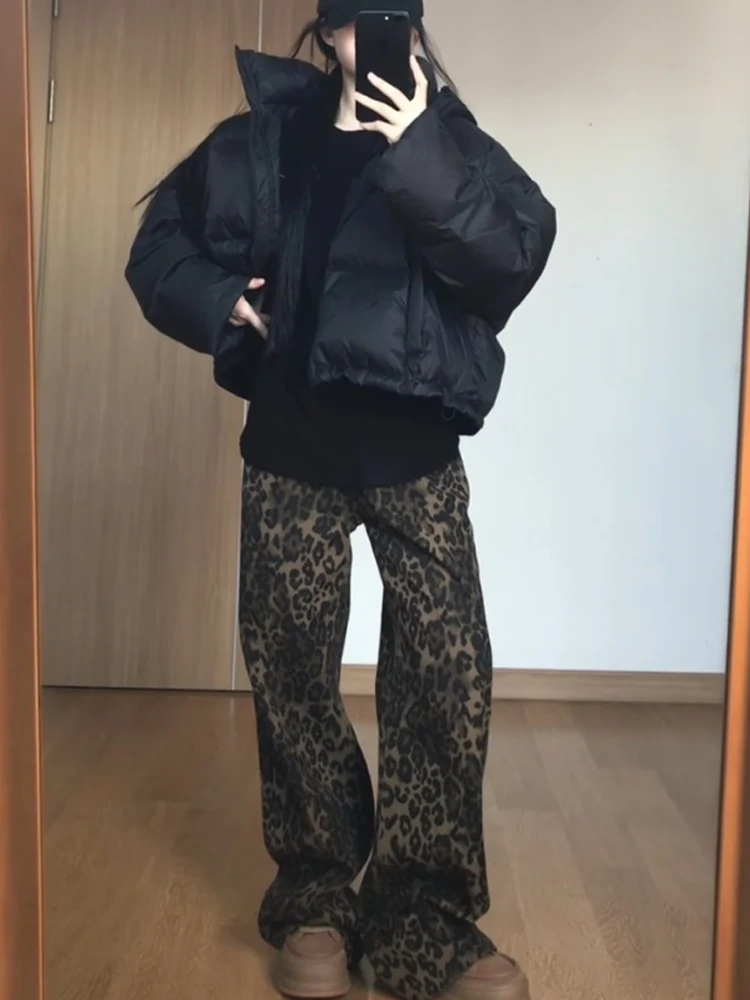 Damskie jeansy w stylu retro z amerykańskim wzorem w panterkę, na wiosnę i jesień, z szerokimi nogawkami, luźne, w małych rozmiarach, lekko rozszerzane, proste spodnie.