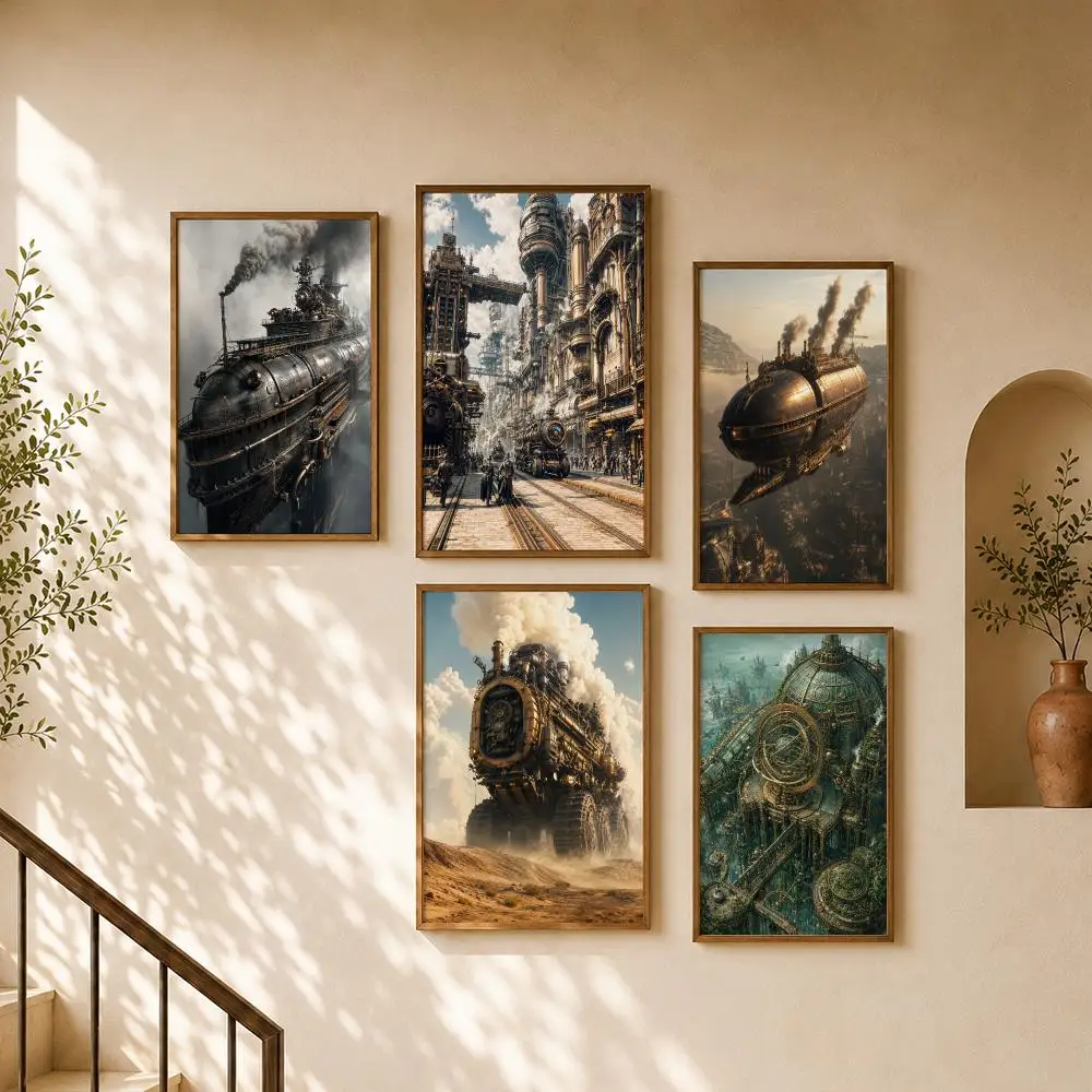 Steampunk Steam Train Locomotive Industrial Fantasy Cityscape Poster Home Room Cafe Club Decor Aesthetic Art Wall Painting