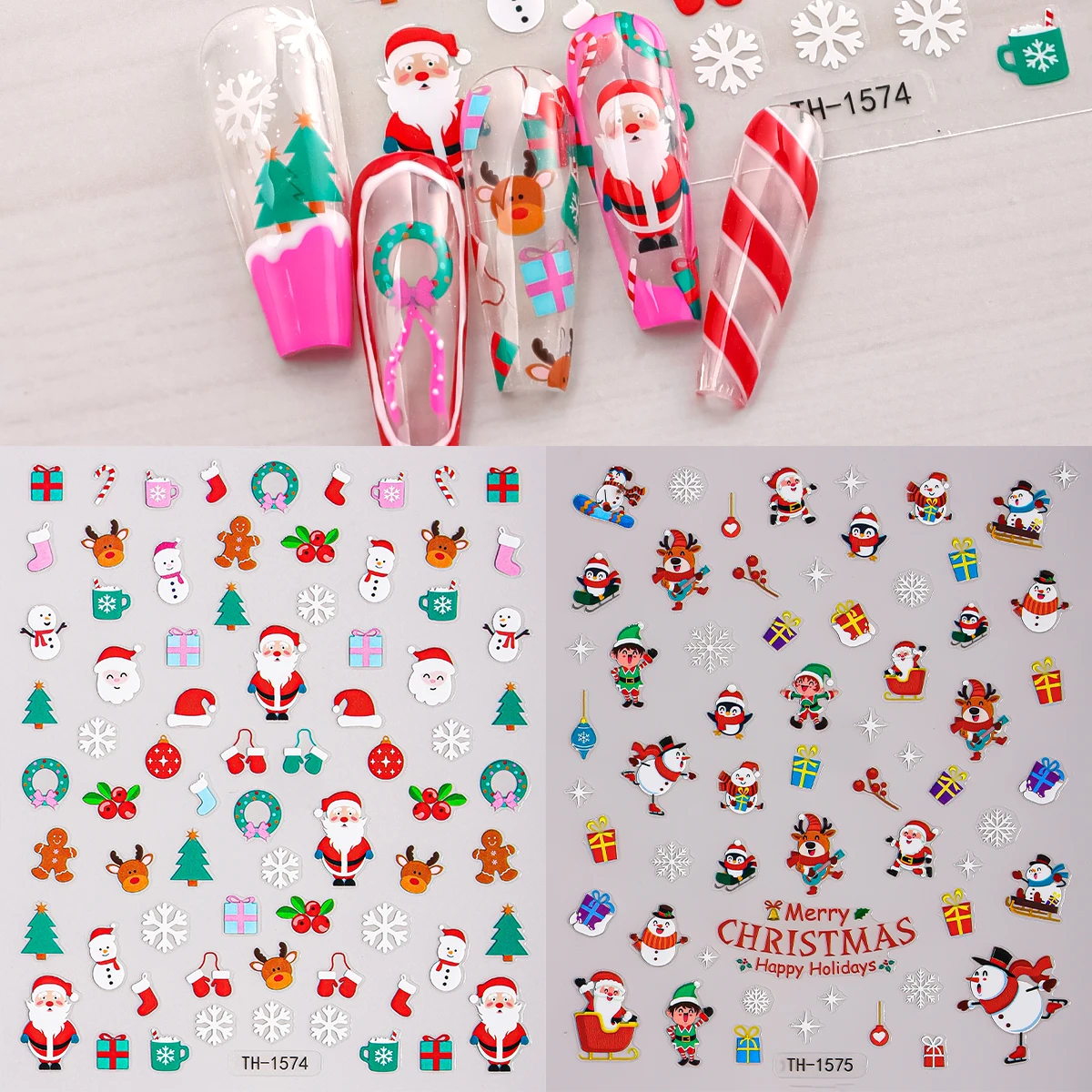 

2pcs Christmas Nail Art Sticker 3D Cartoon Snowman Santa Claus Snowflake Self-Adhesive Nail Decals for DIY Manicure Decoration