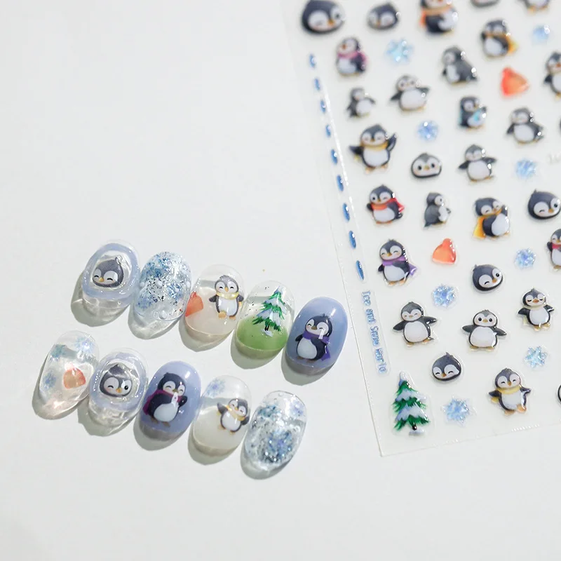 Jelly Design Cute Penguin Snowflake Cartoon 3D Self Adhesive Nail Art Stickers Lovely Panda Lion Tiger Dog Cat Manicure Decals