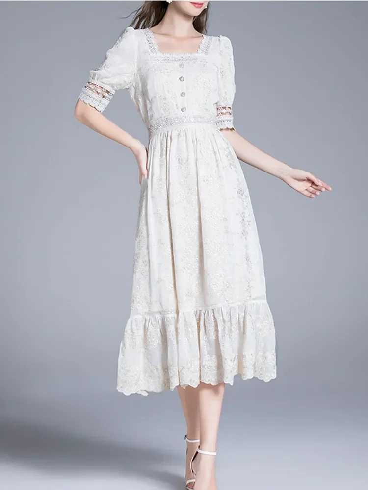 

New Elegant Embroidered Flower Vintage Party Short Puff Sleeve Splicing Lace Trims Embroidery Beige Blue Mesh Long Dress