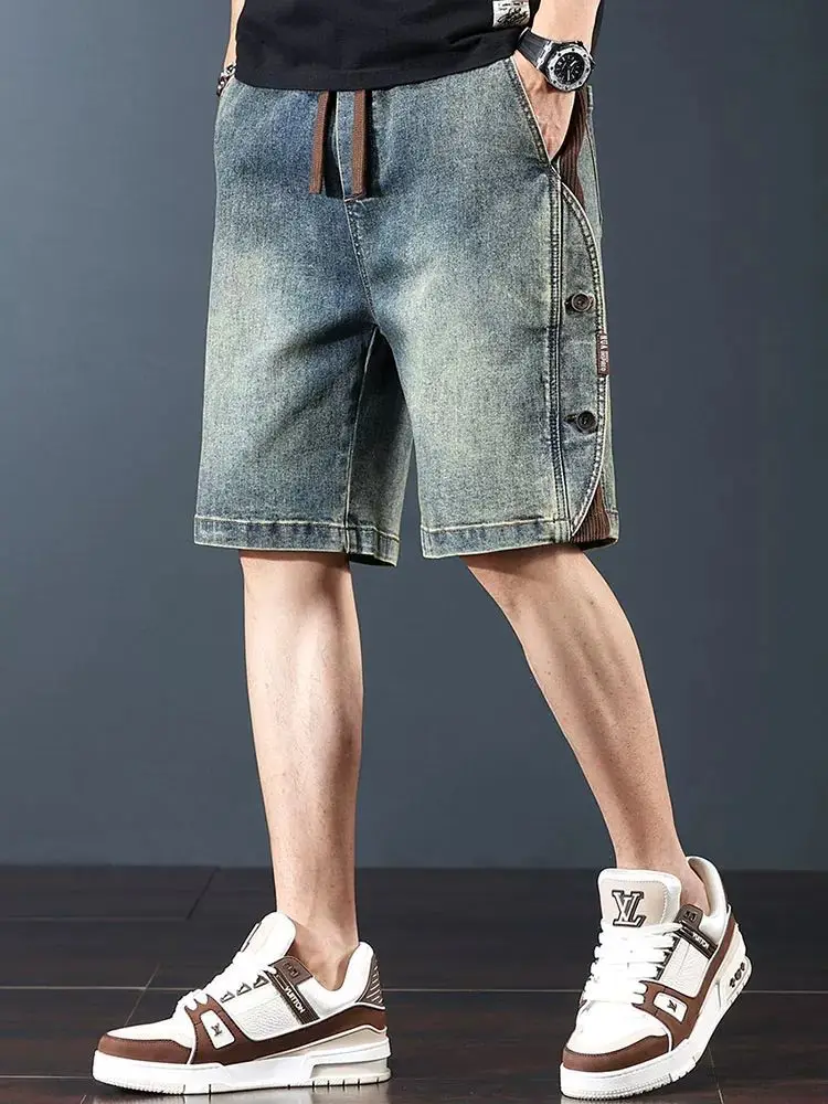 Amerikaanse retro heren denim orts casual rechte pijpen zware wa outdoor vijfknops splitsbroek jeugd zomerkleding