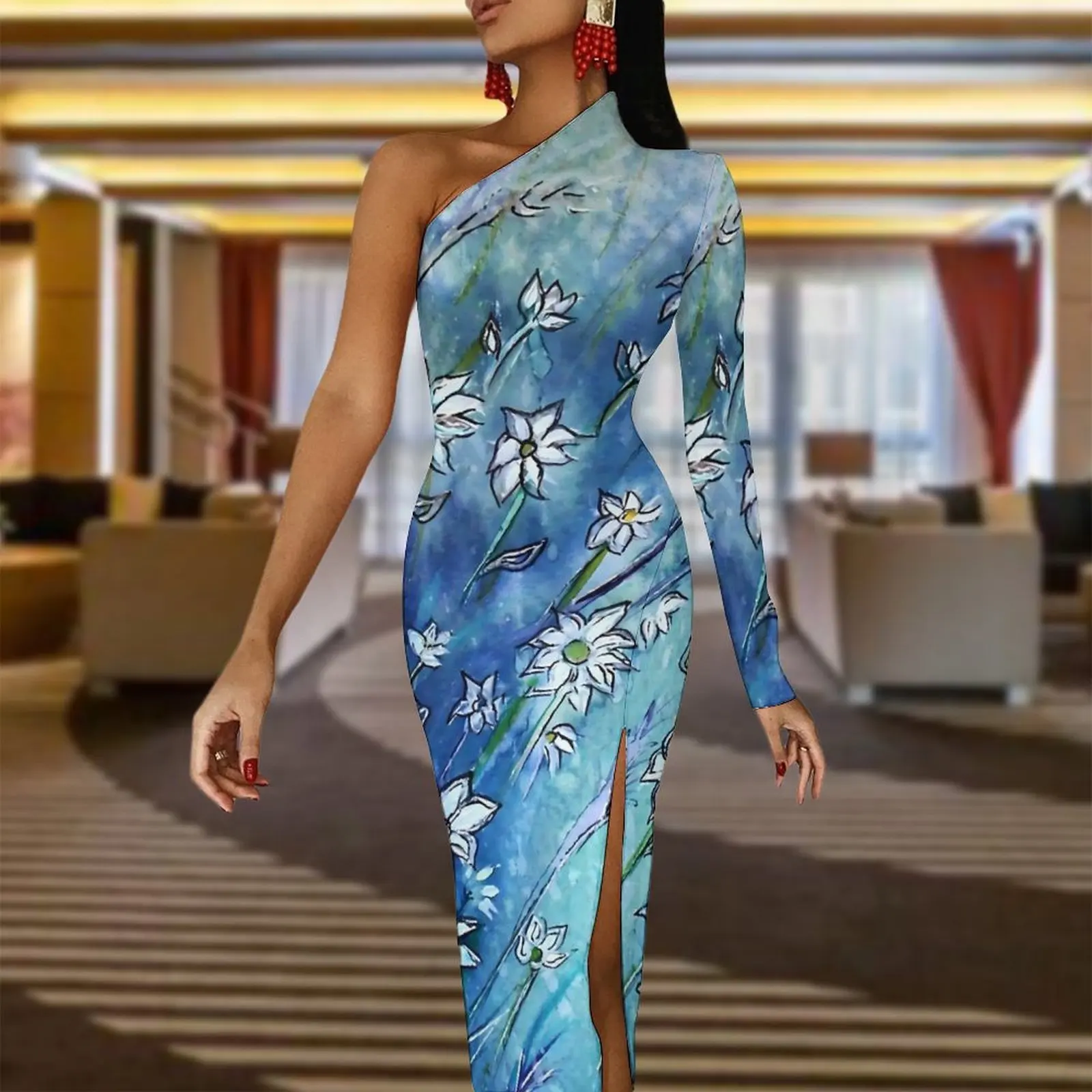 Retro Blue Fower Bodycon Dress Women Dainty Daisies Sexy Maxi Dress One Shoulder Party Design Dresses Gift