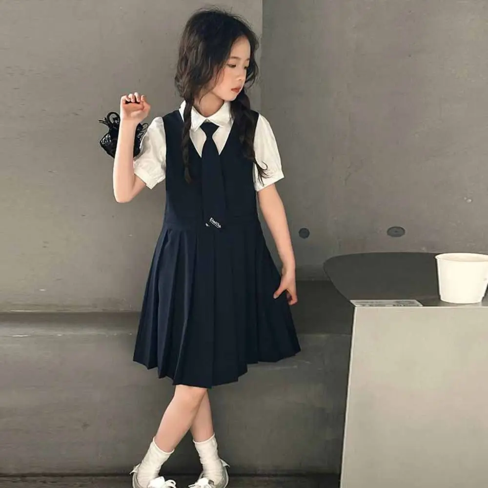Sweet Pleated Fake Two Dress Preppy Style Teenagers Summer Girls Dresses Short Sleeve Skirts Children A-line Dress Students