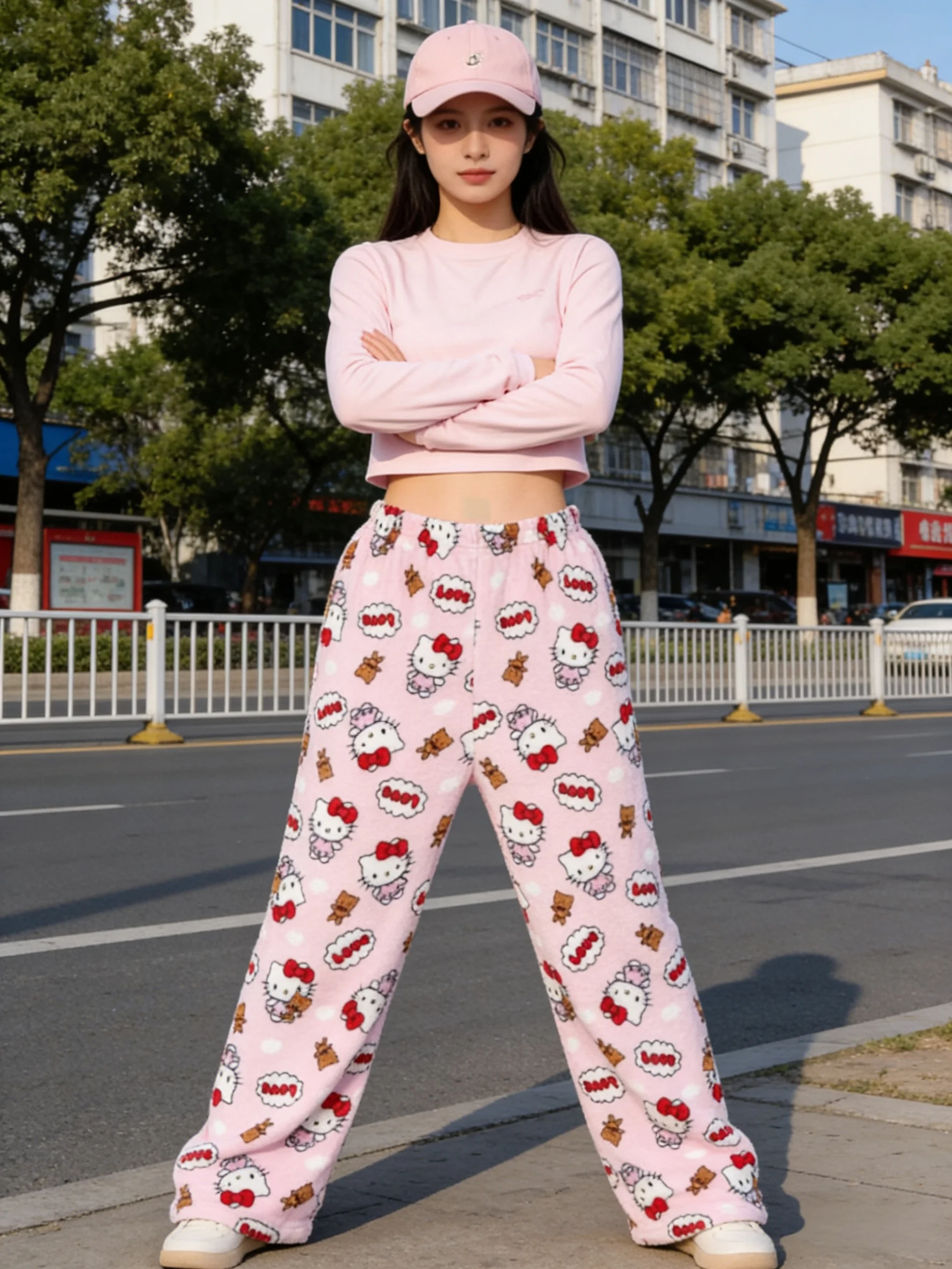 Hello Kitty flannel pajama pants, pink thermal fleece pants, lounge pants for home wear, perfect for parties! view 6