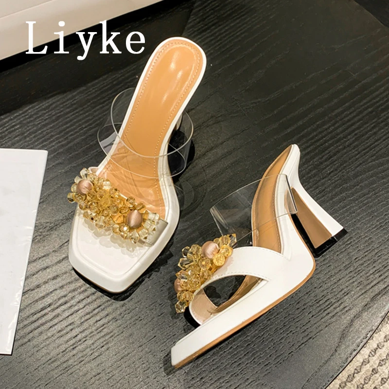 

Liyke New Design Crystal Rhinestone Square Open Toe Platform Slippers Women Slides Shoes Outdoor Sandals Mules High Heels Summer