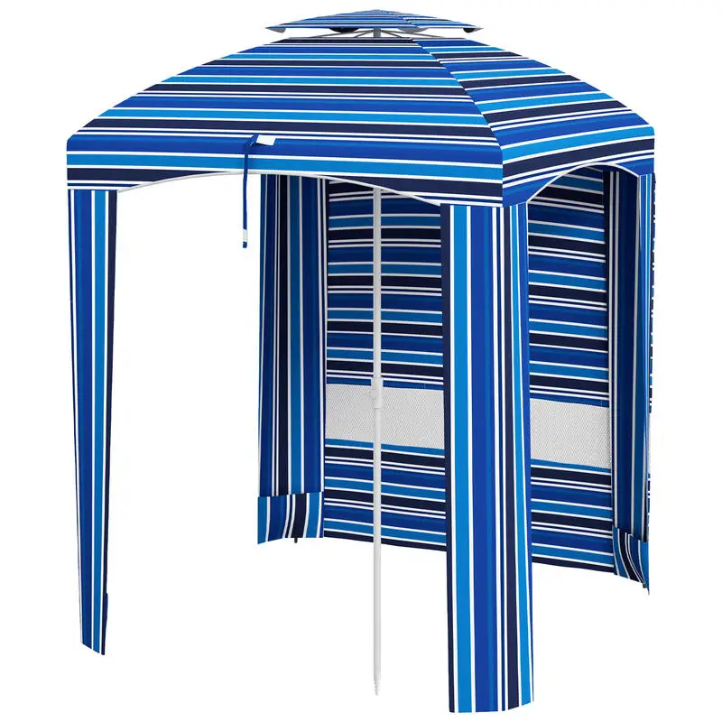 

5.8' x 5.8' Cabana Umbrella for Travel, Walls, Vents, Ruffles, Carry Bag, Beach Umbrella, Blue Stripe