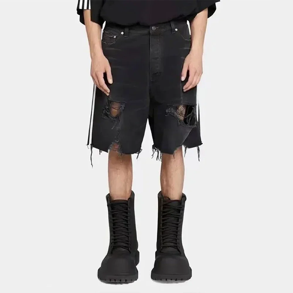 Street Y2K Shorts Heren Gestreept Stiksel Gescheurd Kwast Denim Shorts Trendy Modieus Losgewassen Jeans Drie-Bar Raw Edge Broek